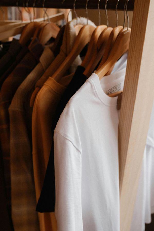 Several shirts and jackets hang neatly on wooden hangers in a wardrobe or closet.